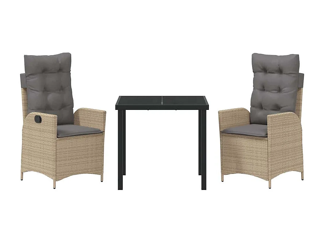 Ensemble de salle à manger de jardin 3 pièces avec coussins beige poly rotin