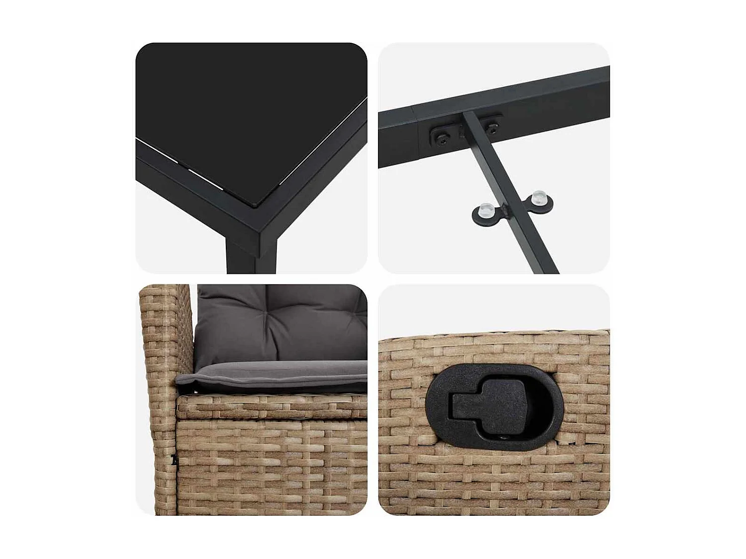 Ensemble de salle à manger de jardin 3 pièces avec coussins beige poly rotin