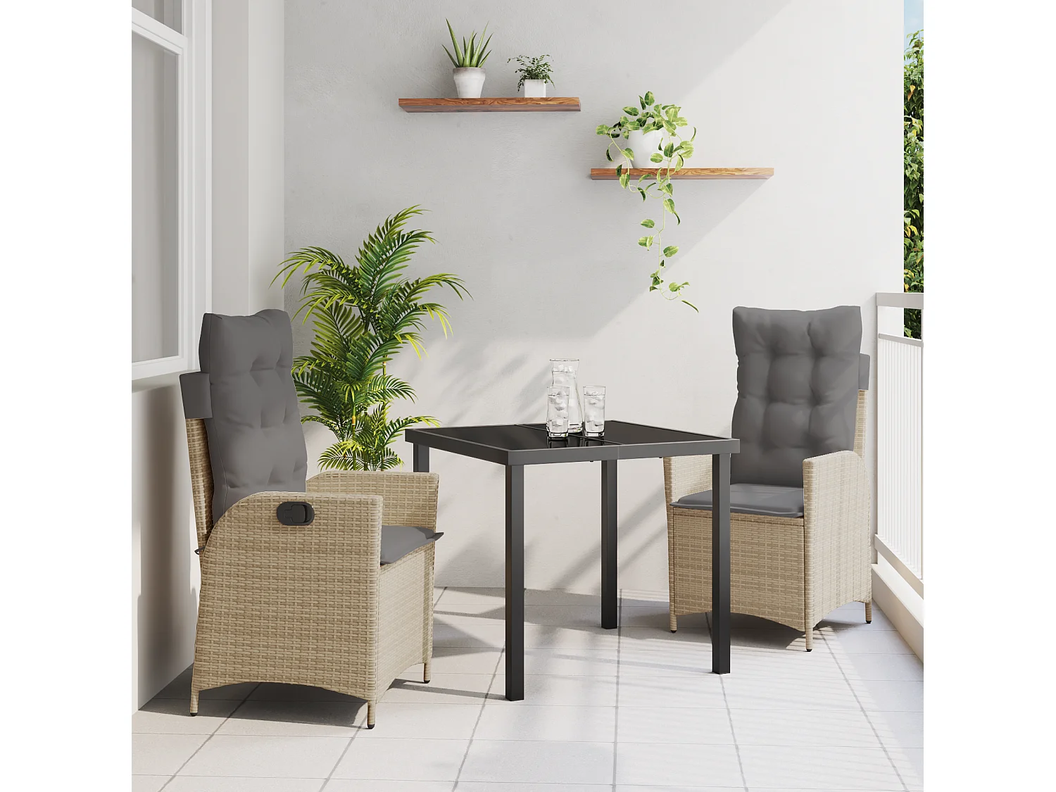 Ensemble de salle à manger de jardin 3 pièces avec coussins beige poly rotin