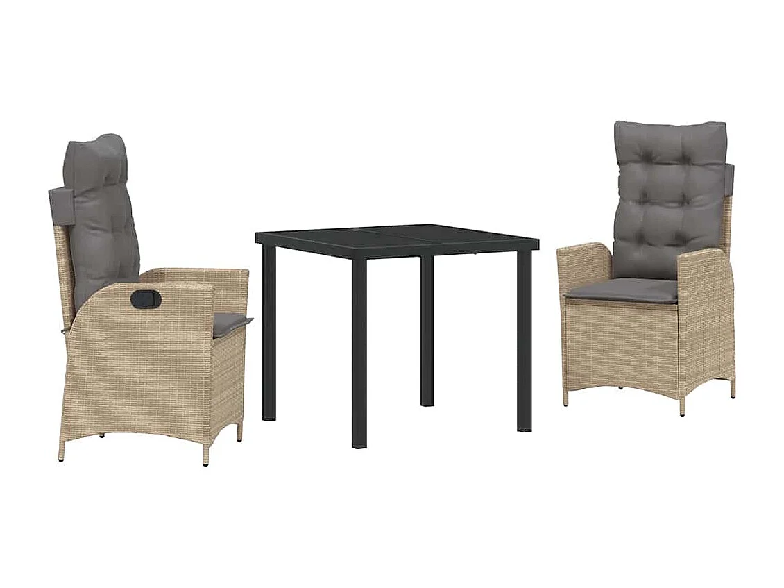 Ensemble de salle à manger de jardin 3 pièces avec coussins beige poly rotin