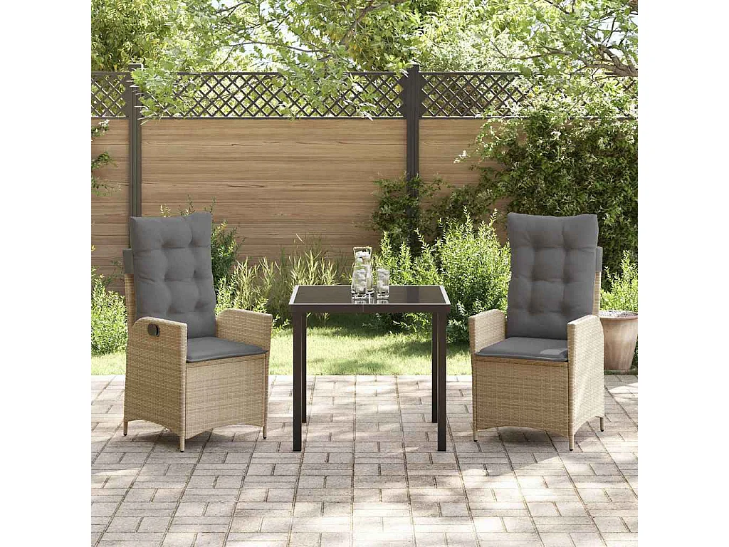 Ensemble de salle à manger de jardin 3 pièces avec coussins beige poly rotin