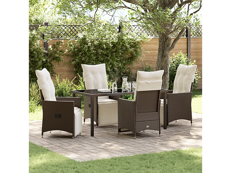 Set da giardino da 5 pezzi con cuscini in polyrattan marrone