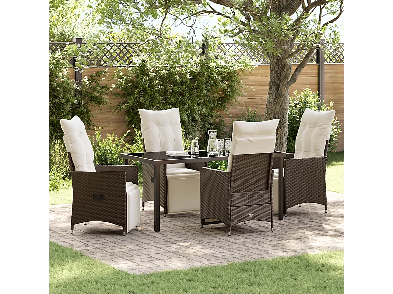 Ensemble de jardin de 5 pièces avec coussins en poly rotin marron