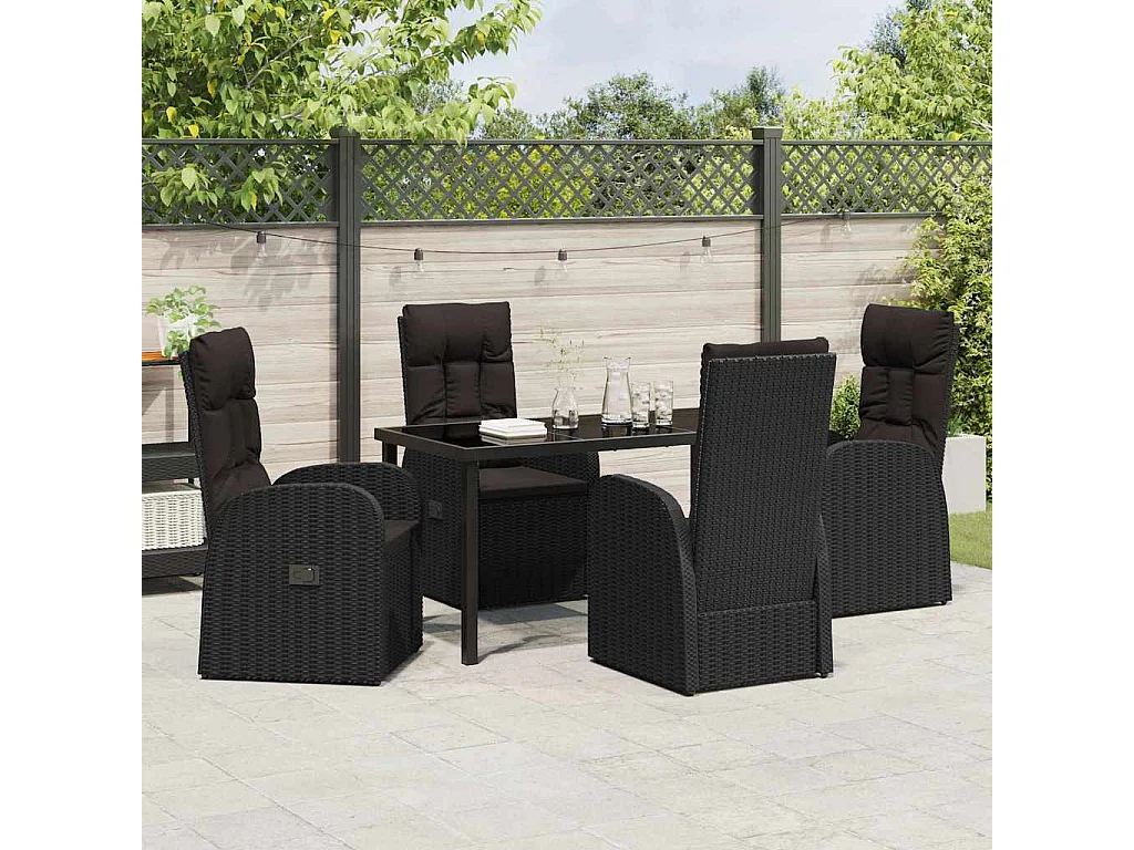 5-delige tuinset met kussens van zwart polyrotan