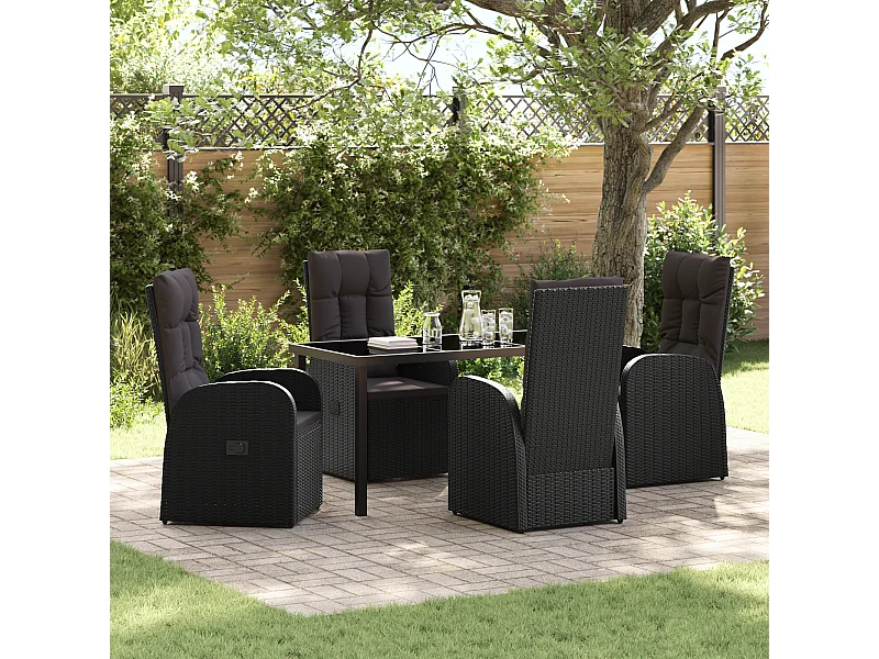Ensemble de salle à manger de jardin 5 pièces avec coussins Noir Poly Rattan