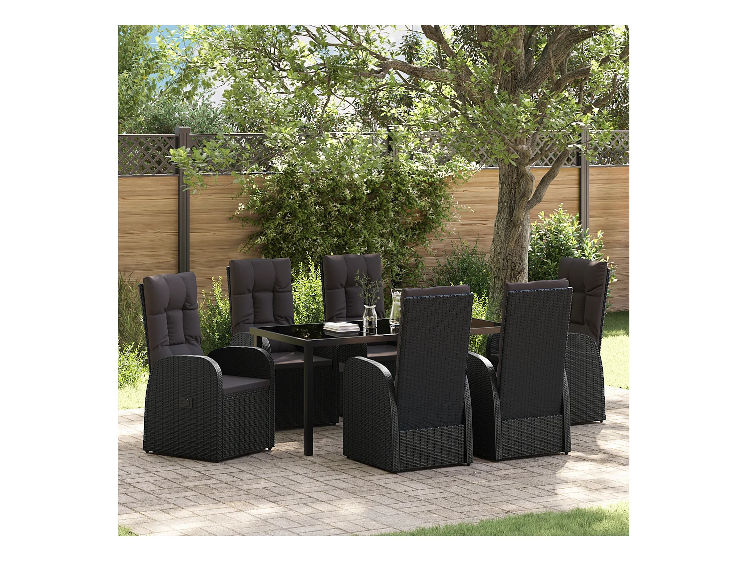 Ensemble de Salle à Manger de Jardin 7 Pièces avec Coussins - Rattan Poly Noir