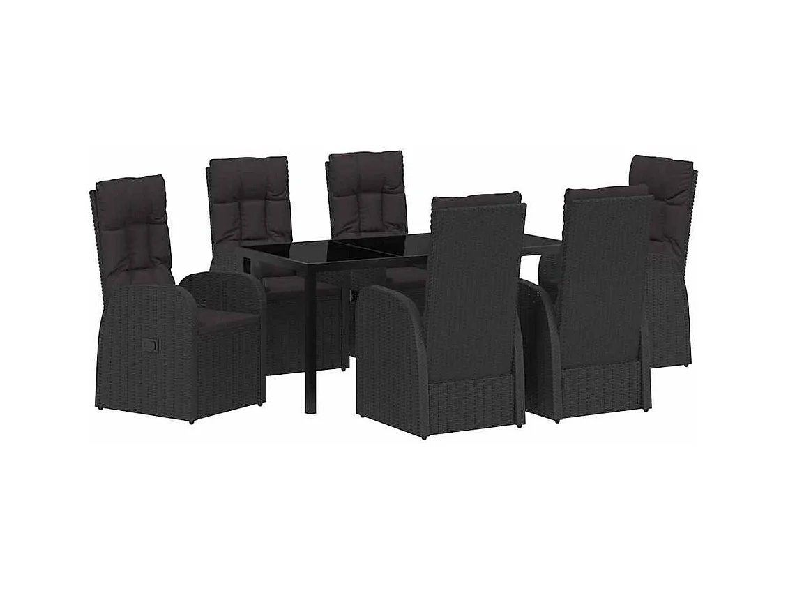 Ensemble de Salle à Manger de Jardin 7 Pièces avec Coussins - Rattan Poly Noir
