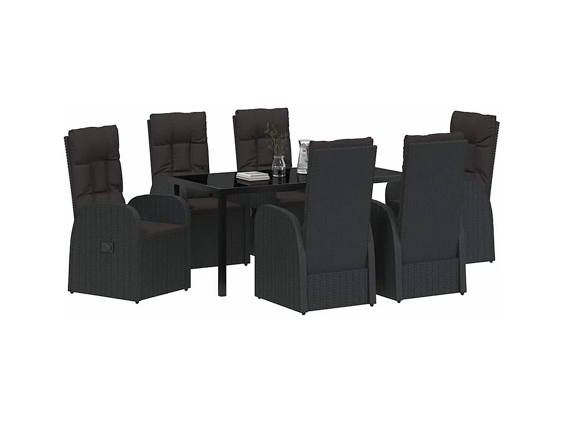Ensemble de Salle à Manger de Jardin 7 Pièces avec Coussins - Rattan Poly Noir