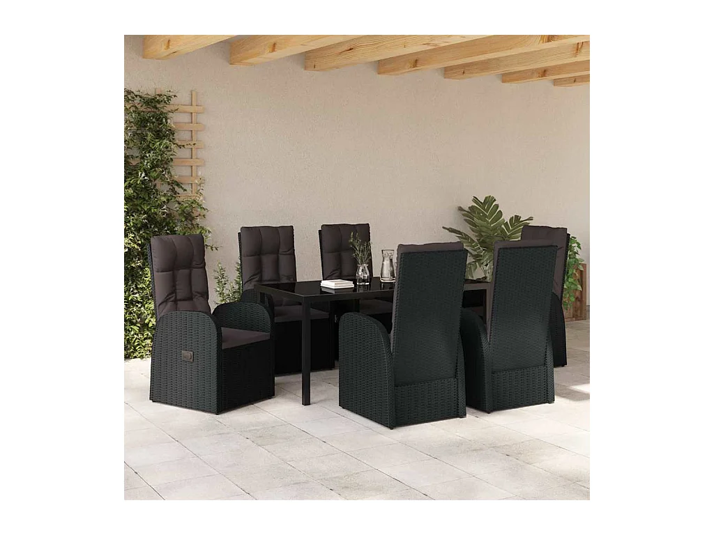 Ensemble de Salle à Manger de Jardin 7 Pièces avec Coussins - Rattan Poly Noir