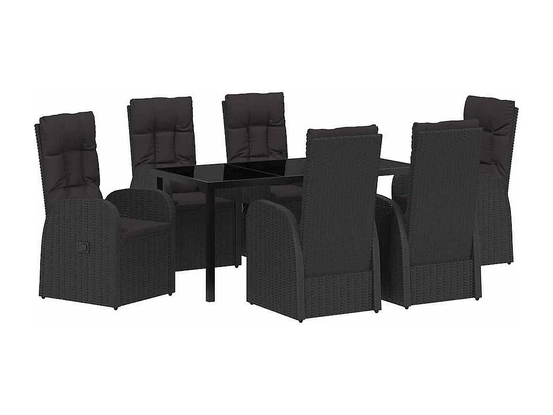Juego de comedor de jardín de 7 piezas con cojines - Ratán sintético negro