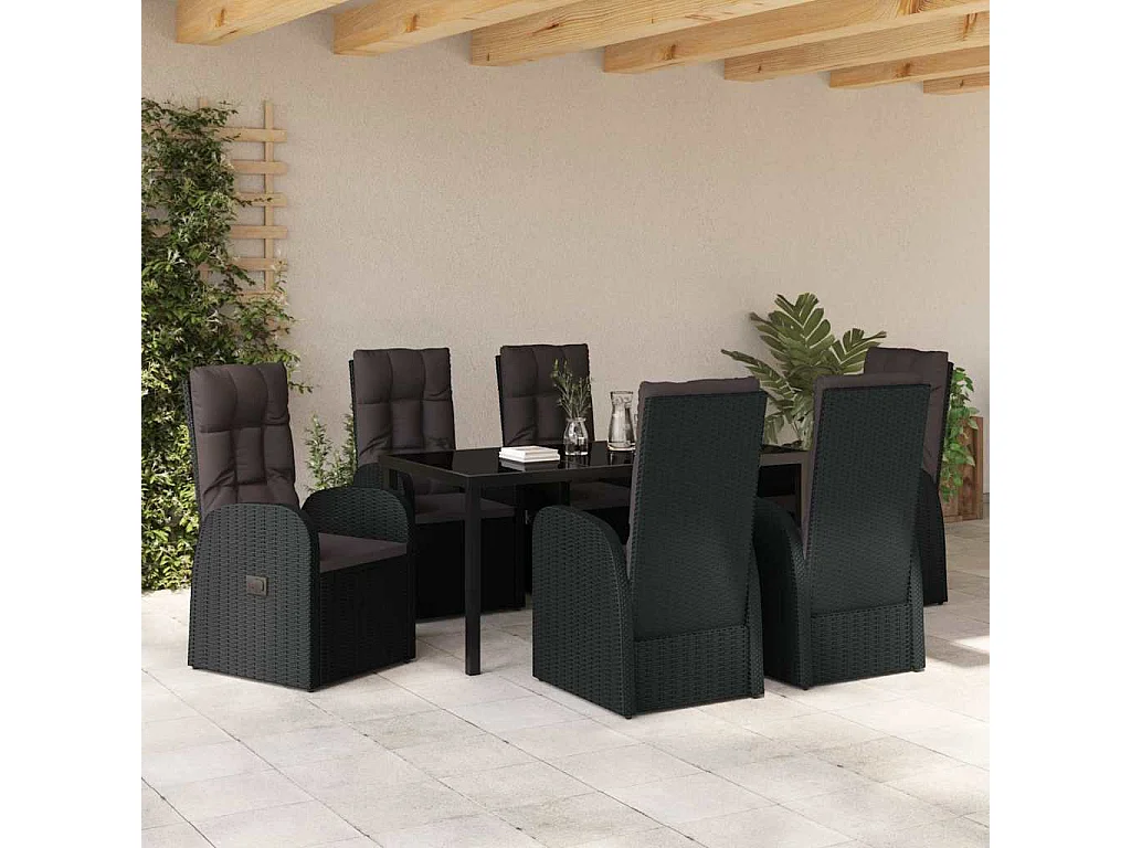 Juego de comedor de jardín de 7 piezas con cojines - Ratán sintético negro