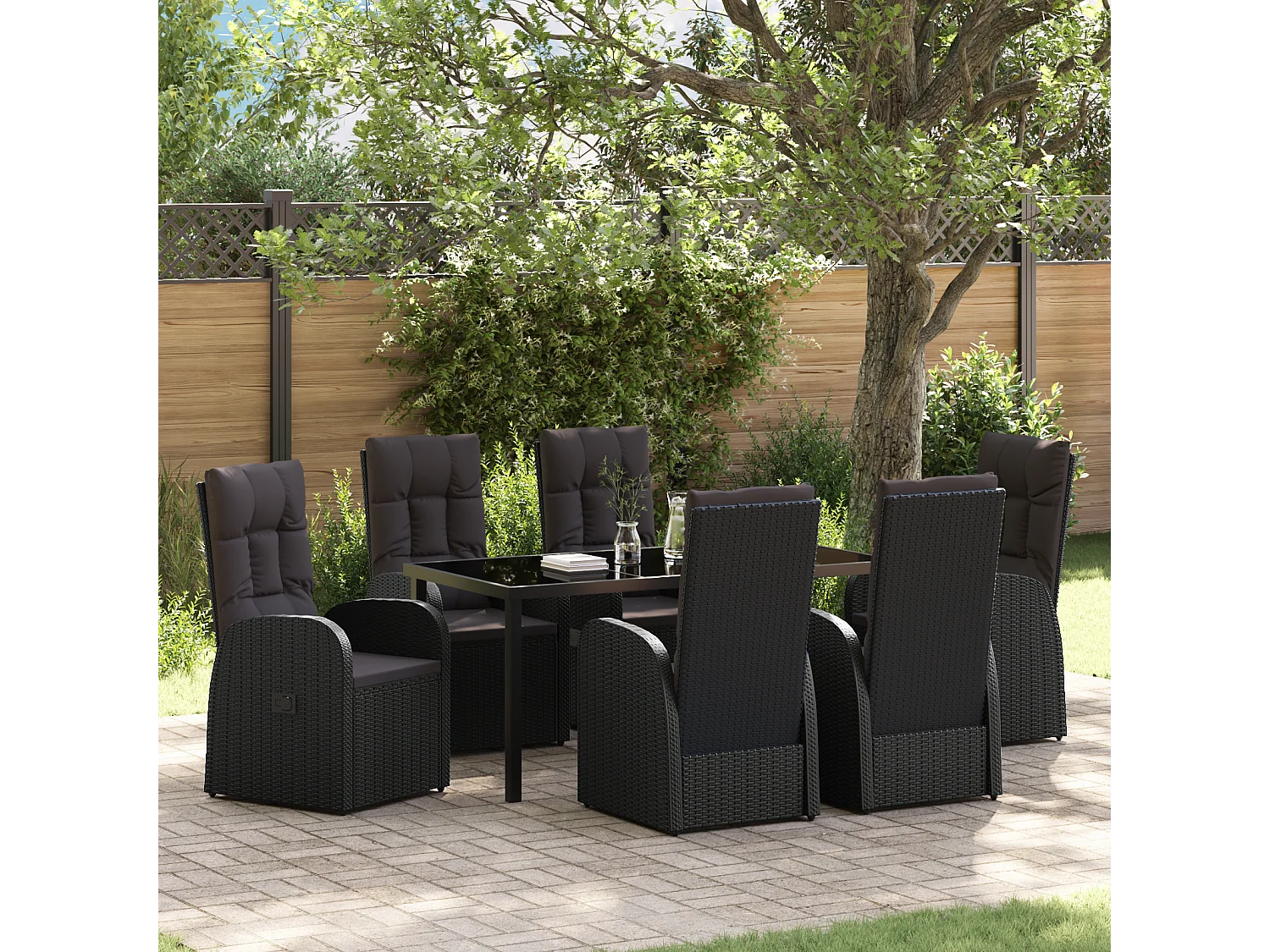Set da pranzo da giardino 7 pezzi con cuscini - Polyrattan nero