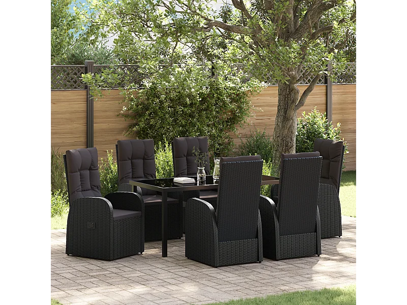 Ensemble de Salle à Manger de Jardin 7 Pièces avec Coussins - Rattan Poly Noir