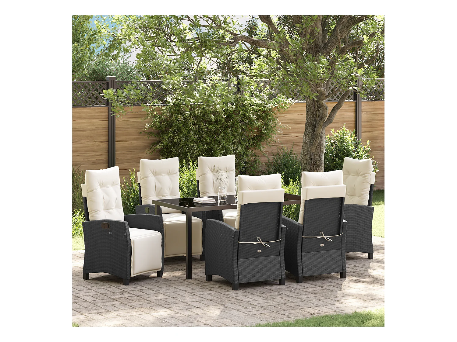 Set da pranzo da giardino in polyrattan nero da 7 pezzi