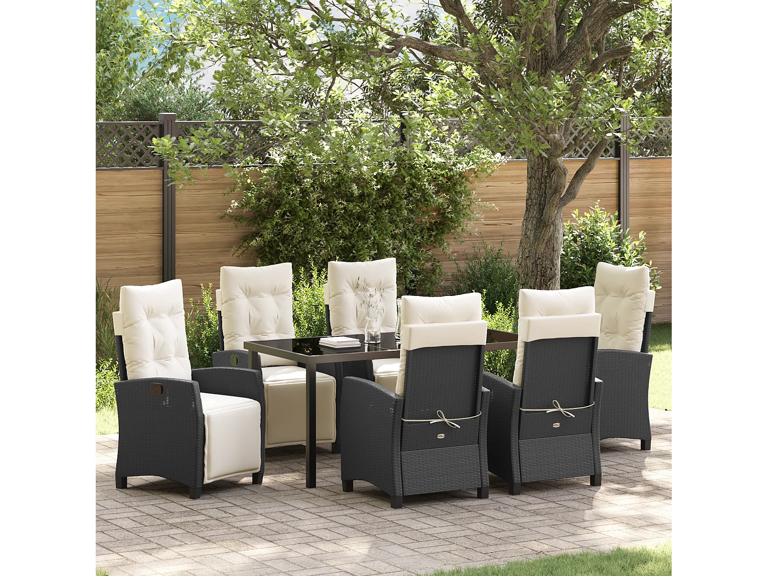 Ensemble de salle à manger de jardin 7 pièces en rotin poly noir