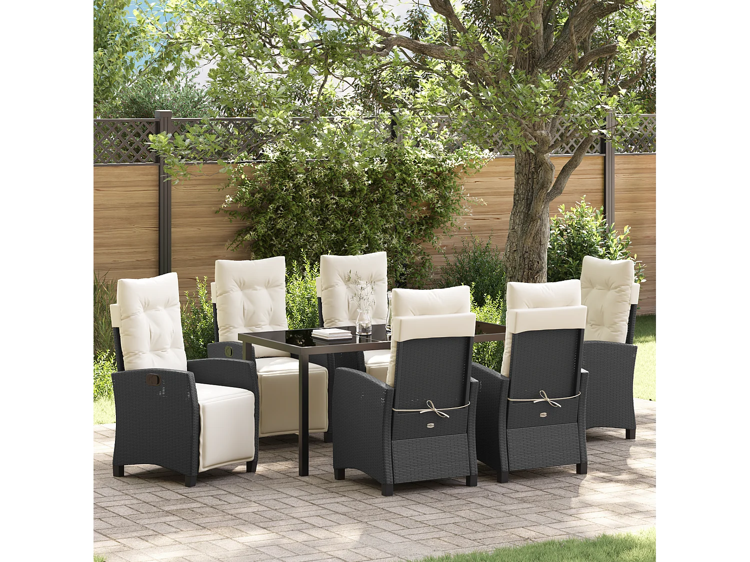 Ensemble de salle à manger de jardin 7 pièces en rotin poly noir