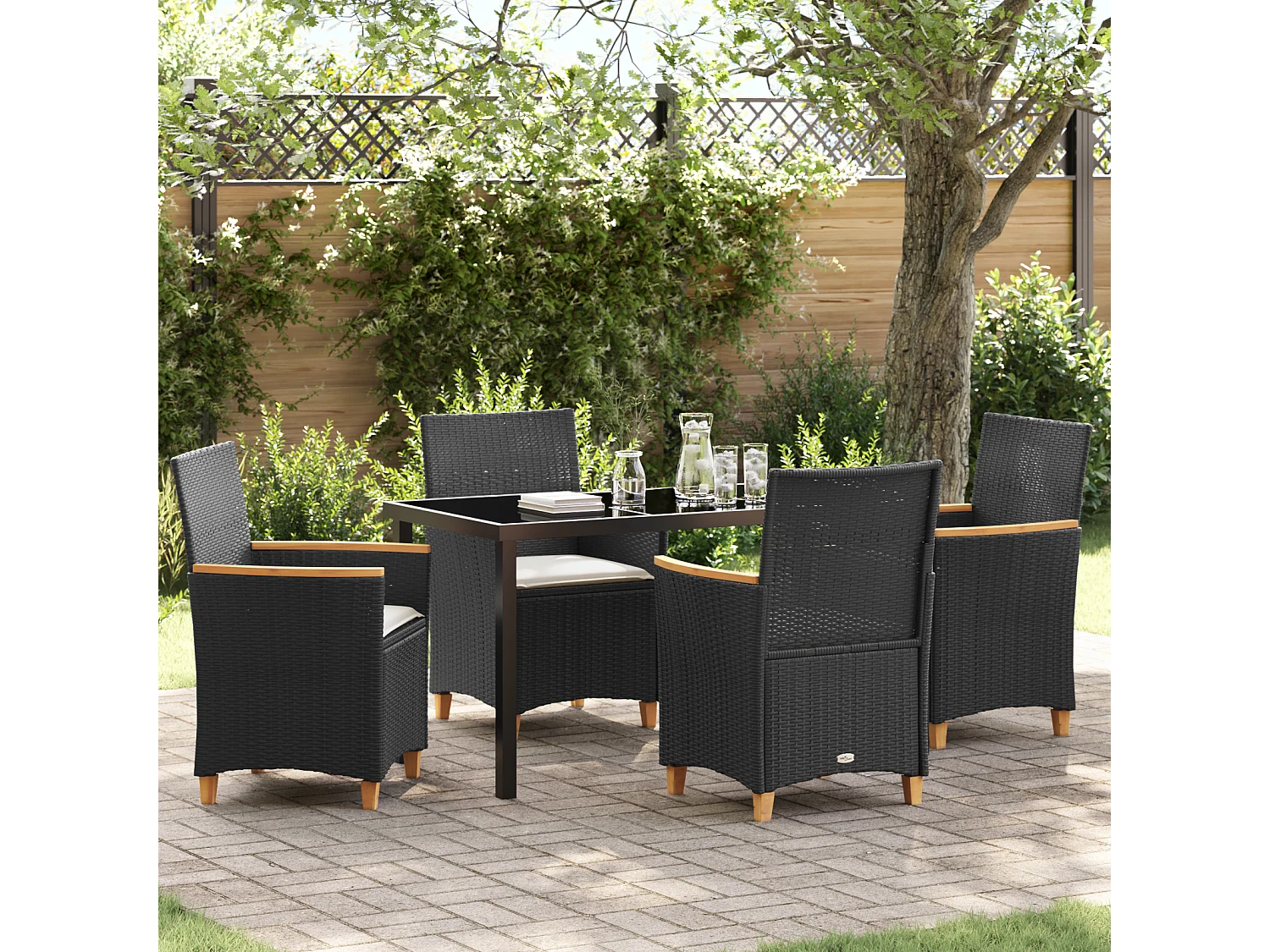 Ensemble de salle à manger de jardin de 5 pièces avec coussins Noir Rattan Poly