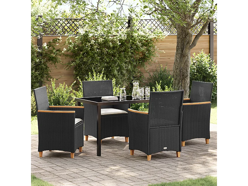 Ensemble de salle à manger de jardin de 5 pièces avec coussins Noir Rattan Poly
