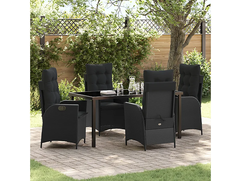 Set da pranzo da giardino 5 pezzi con cuscini in rattan nero lucido