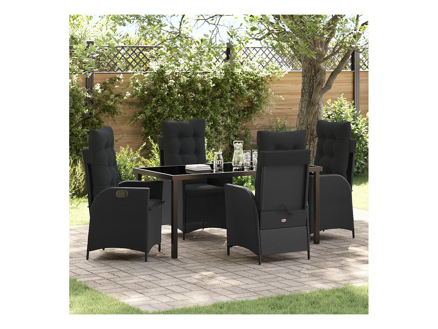 Set da pranzo da giardino 5 pezzi con cuscini in rattan nero lucido