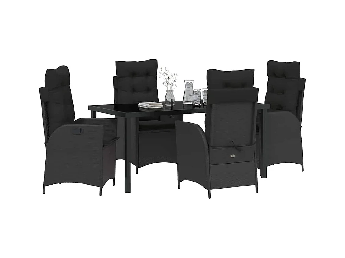 Set da pranzo da giardino 5 pezzi con cuscini in rattan nero lucido