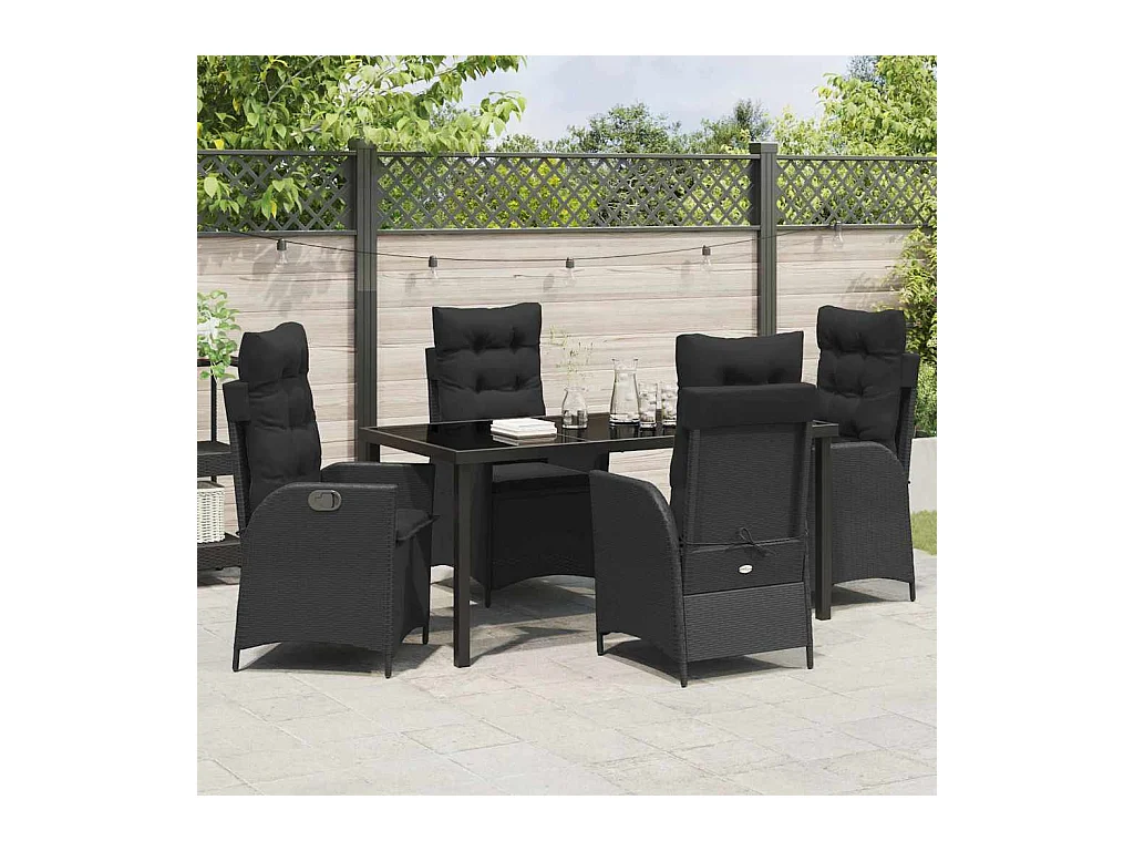 Set da pranzo da giardino 5 pezzi con cuscini in rattan nero lucido