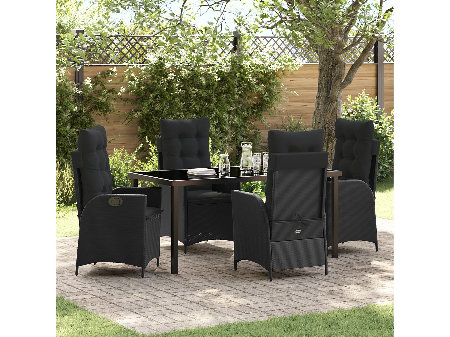 Set da pranzo da giardino 5 pezzi con cuscini in rattan nero lucido