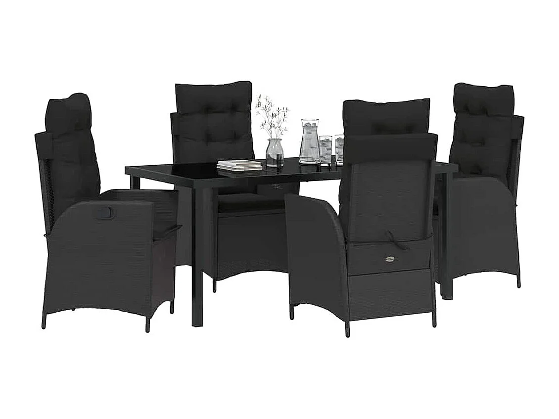 Set da pranzo da giardino 5 pezzi con cuscini in rattan nero lucido