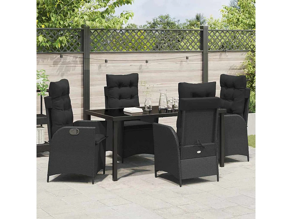 Set da pranzo da giardino 5 pezzi con cuscini in rattan nero lucido