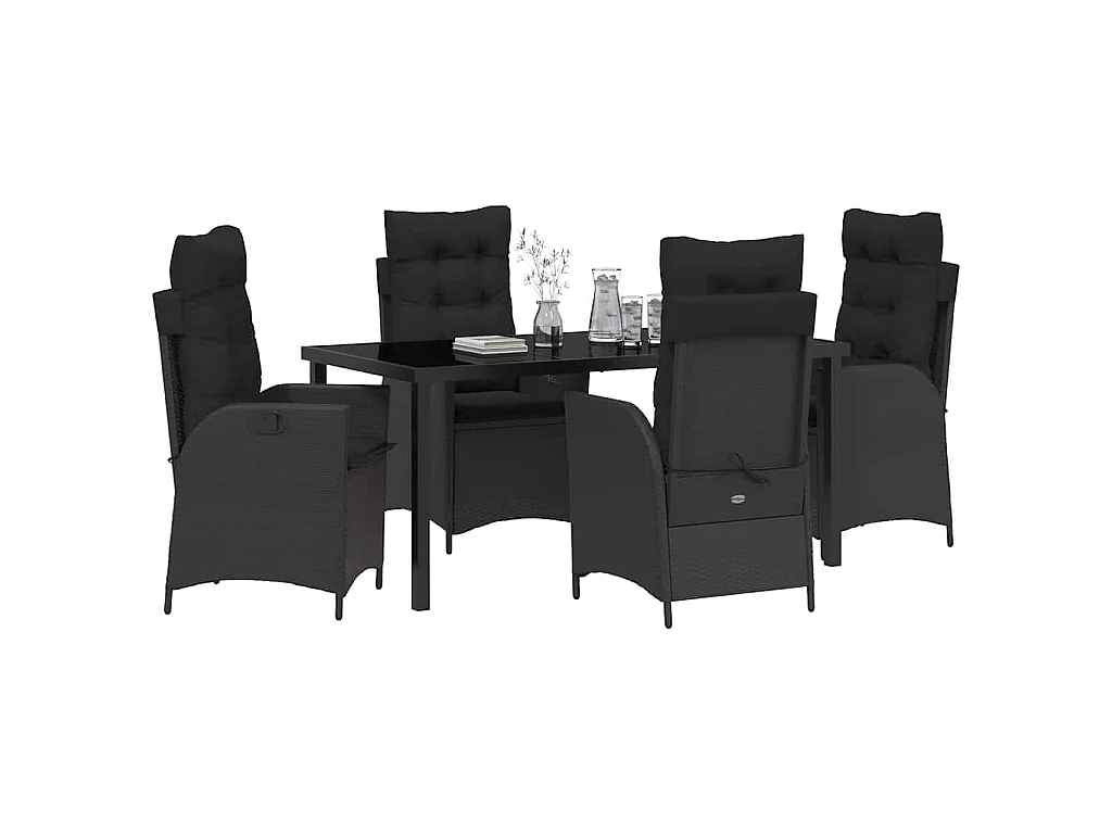 Juego de comedor de jardín de 5 piezas con cojines de ratán pulido negro