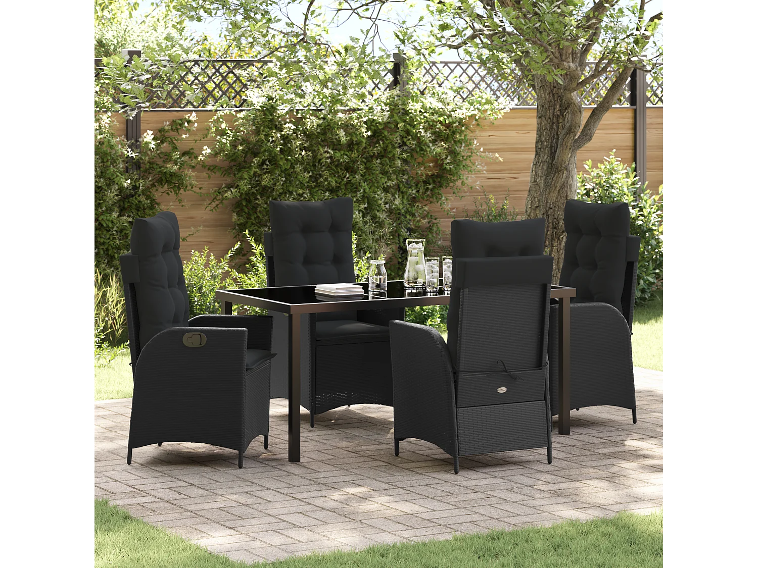5-teiliges Garten-Ess-Set mit Kissen, schwarz poliertes Rattan