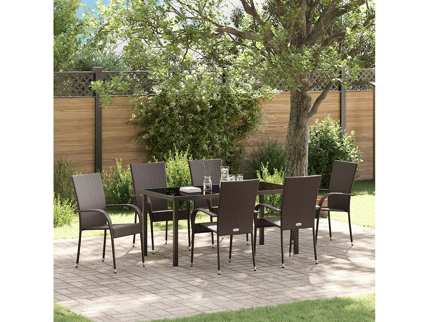 Set da pranzo da giardino 7 pezzi - Polyrattan marrone