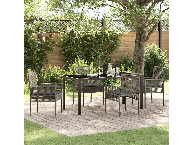 Set da pranzo da giardino 5 pezzi con cuscini in polyrattan grigio