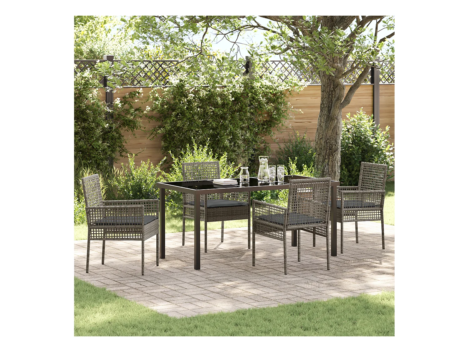 Set da pranzo da giardino 5 pezzi con cuscini in polyrattan grigio