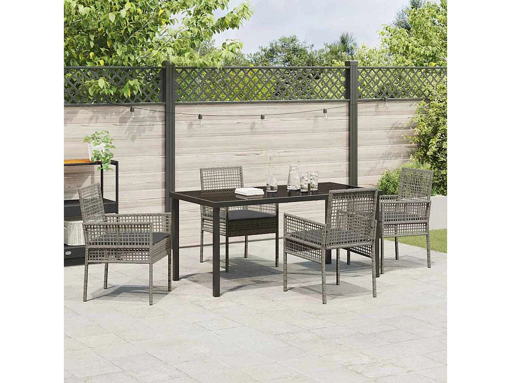 Ensemble de salle à manger de jardin 5 pièces avec coussins gris en poly rattan