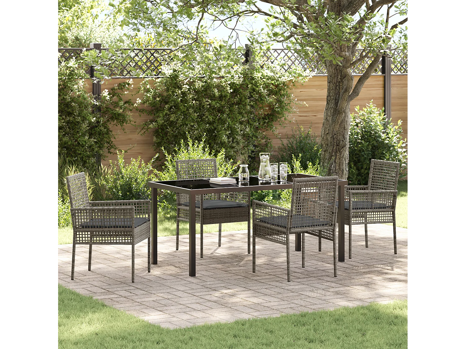 Ensemble de salle à manger de jardin 5 pièces avec coussins gris en poly rattan