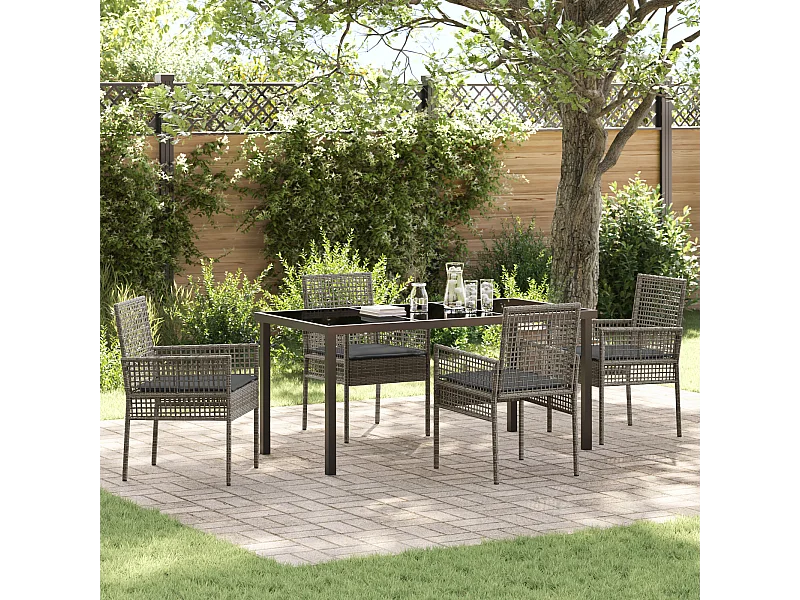 Ensemble de salle à manger de jardin 5 pièces avec coussins gris en poly rattan