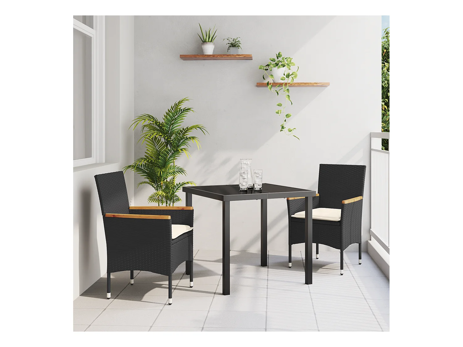 Set da pranzo da giardino composto da 3 pezzi con cuscini in polyrattan nero