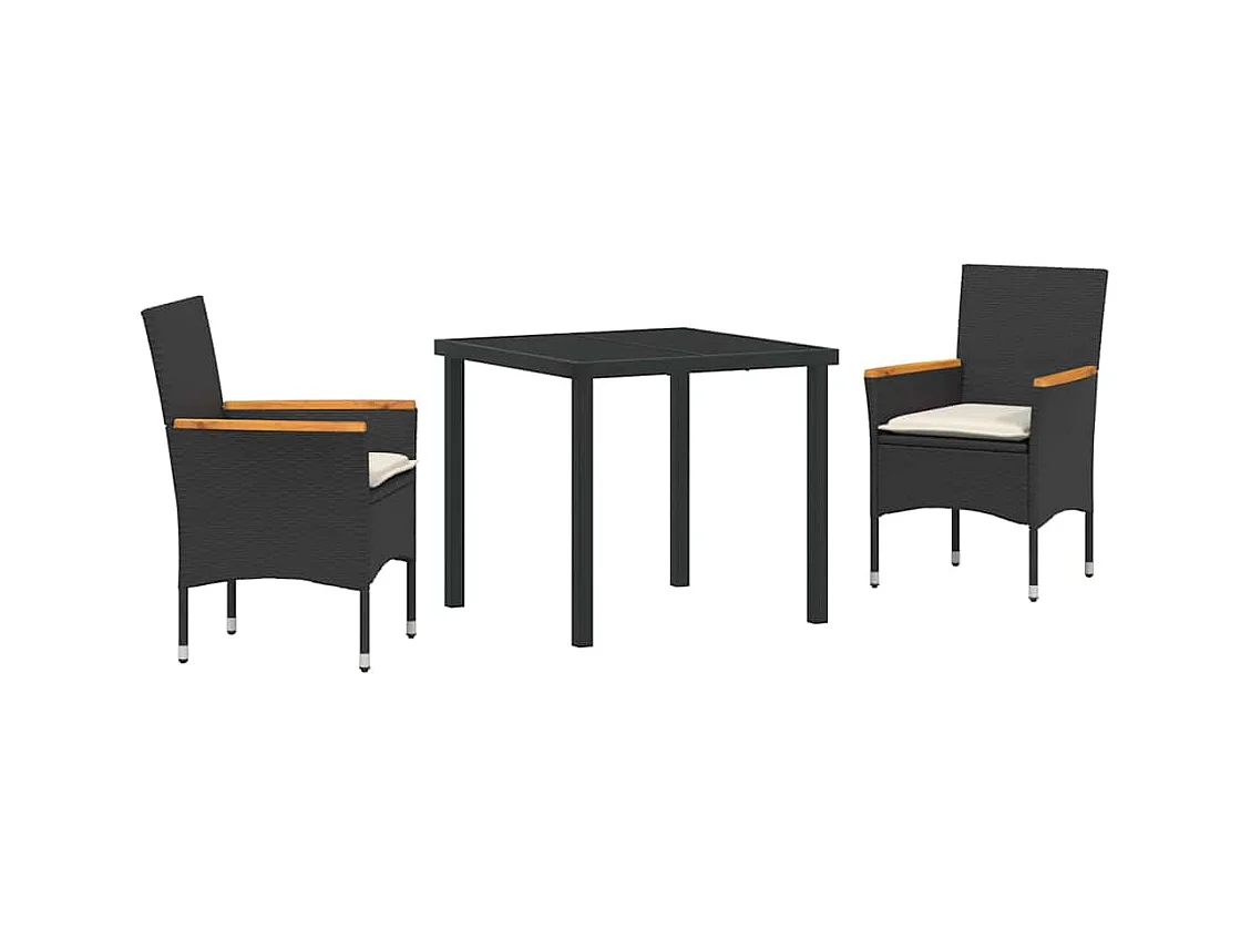 Set da pranzo da giardino composto da 3 pezzi con cuscini in polyrattan nero