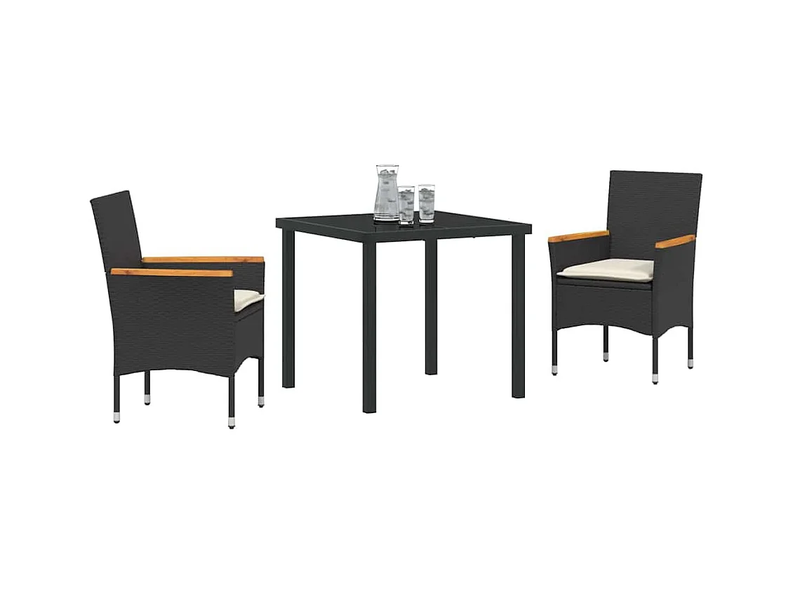 Set da pranzo da giardino composto da 3 pezzi con cuscini in polyrattan nero