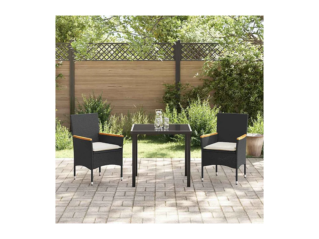 Set da pranzo da giardino composto da 3 pezzi con cuscini in polyrattan nero