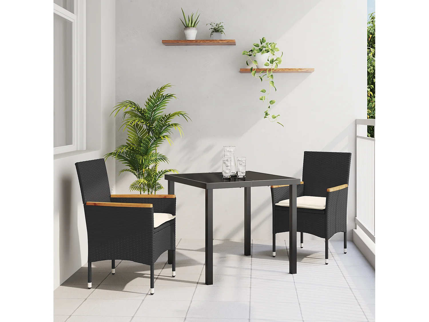 Juego de comedor de jardín de 3 piezas con cojines de ratán sintético negro