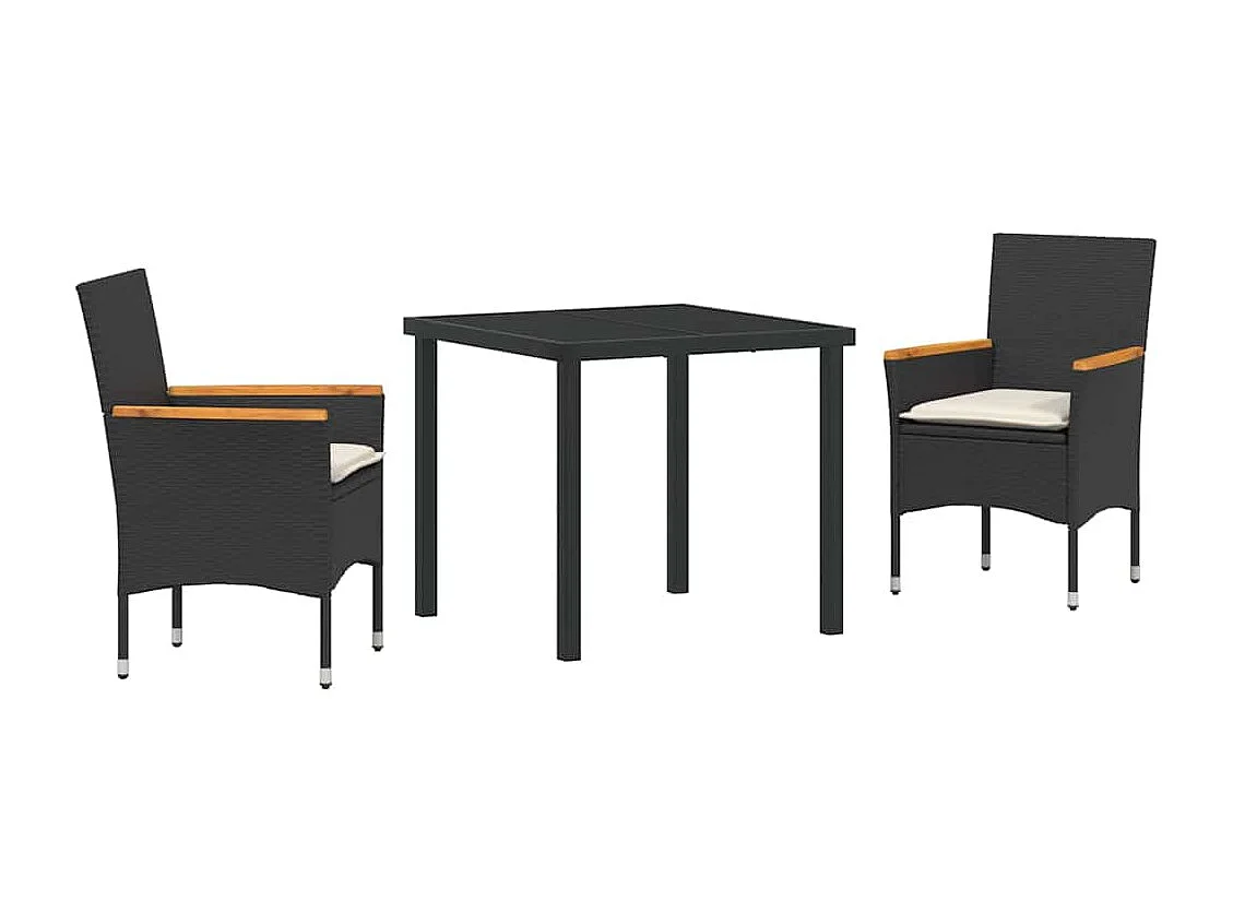 Juego de comedor de jardín de 3 piezas con cojines de ratán sintético negro