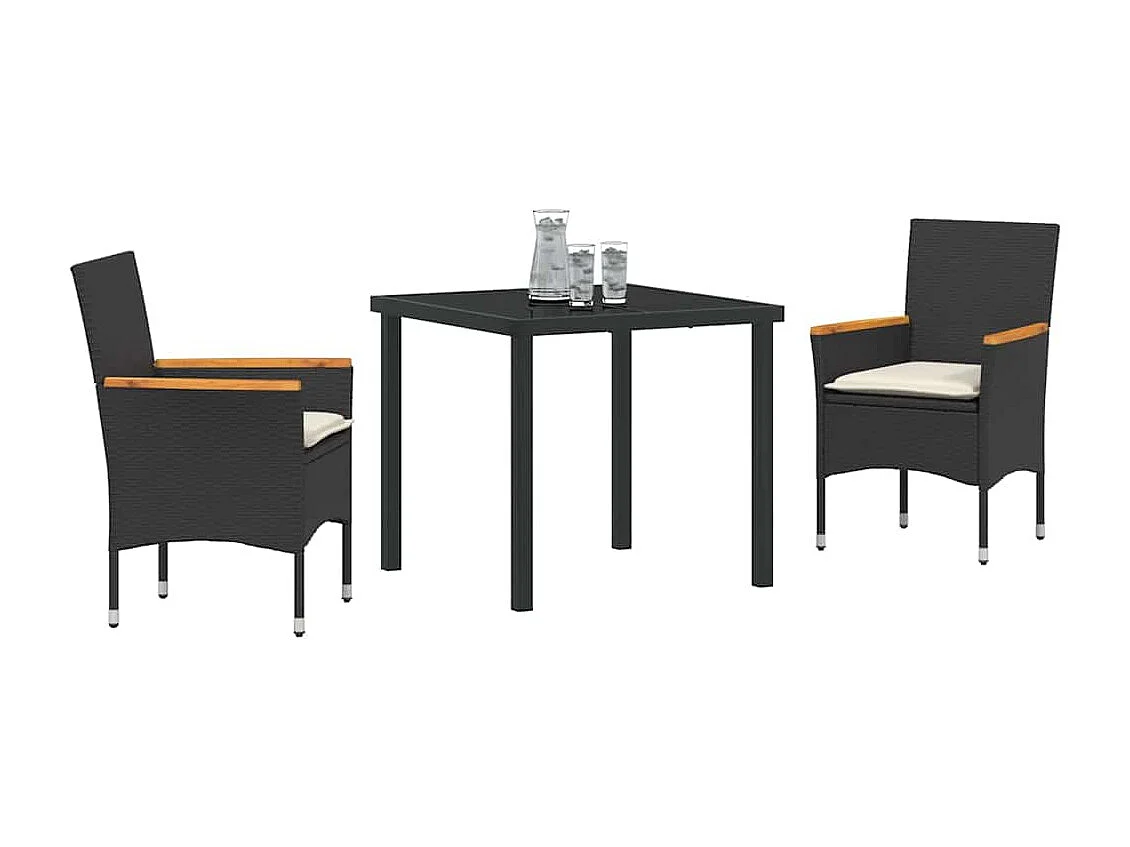 Juego de comedor de jardín de 3 piezas con cojines de ratán sintético negro