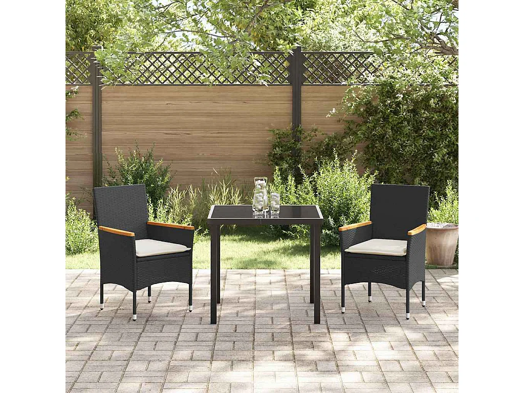 Juego de comedor de jardín de 3 piezas con cojines de ratán sintético negro