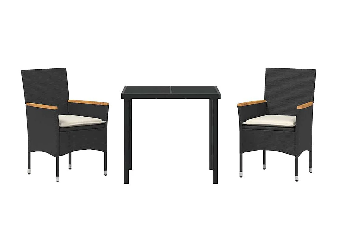 Juego de comedor de jardín de 3 piezas con cojines de ratán sintético negro