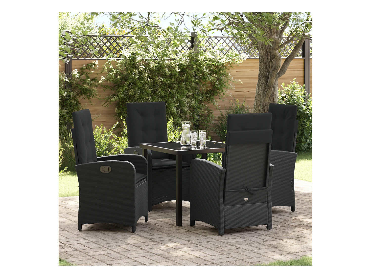 Set da pranzo da giardino 5 pezzi con cuscini in resina nera e vimini