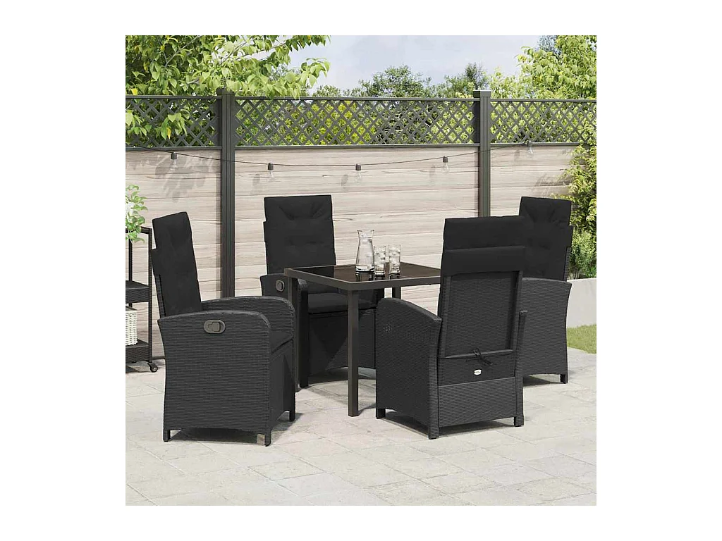 Set da pranzo da giardino 5 pezzi con cuscini in resina nera e vimini