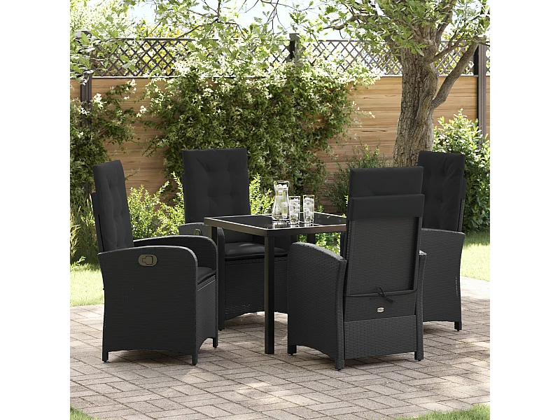 Set da pranzo da giardino 5 pezzi con cuscini in resina nera e vimini