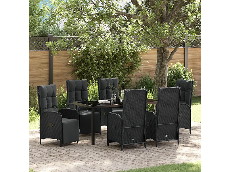 Ensemble de salle à manger de jardin 7 pièces avec coussins en poly rattan noir